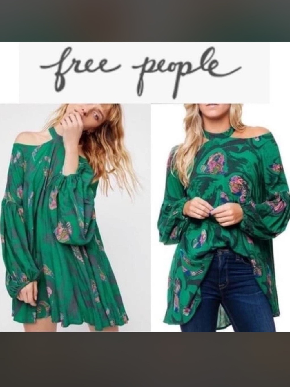 Free People Drift Away Boho Cold Shoulder Green Dress Tunic Sz Small